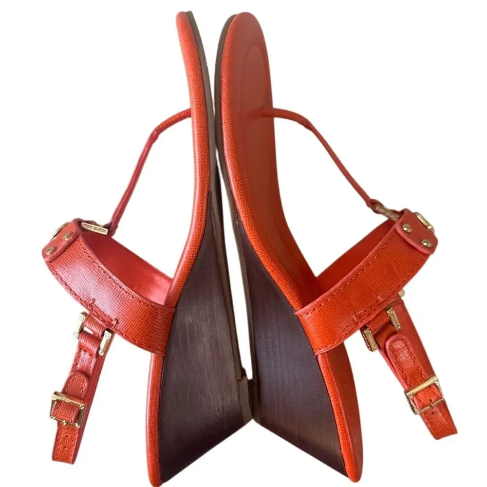 Tory Burch Robinson Demi‎ Wedge Orange T-Strap Sandals 8